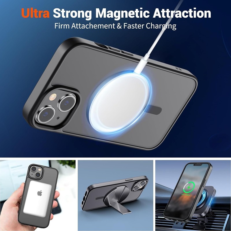 Shockproof Translucent Matte Black Case for iPhone 13/14, MagSafe Compatible gallery