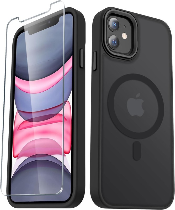 iPhone 11 Case, Matte Magnetic Phone Case with 1 Screen Protector, Black Cover