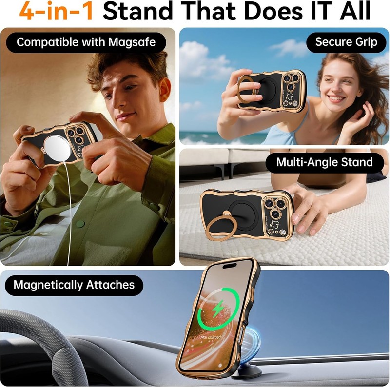 Magnetic for iPhone 17 Pro Max Case with 360° Rotatable Kickstand Ring, Black/Go gallery