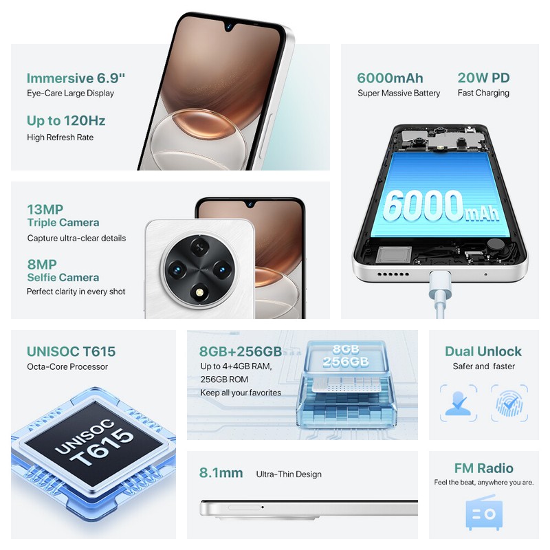 UMIDIGI G100A 4GB+4GB 128GB 6.9" Octa Core Unlocked Dual SIM Android Smartphone gallery