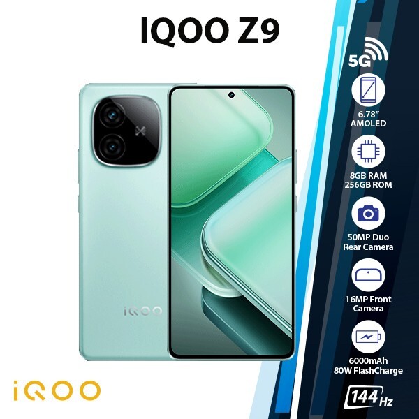 iQOO Z9 5G Android Cell Phone (8GB+256GB/Green/Dual SIM/Octa Core/Unlocked)