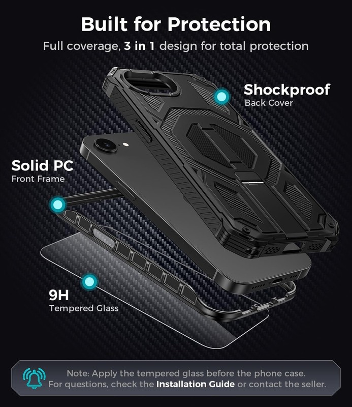Black Magnetic Case with Screen Protector for iPhone 16e/17e, Heavy Duty Design gallery