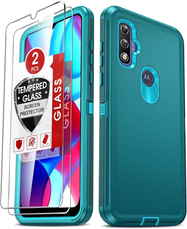 Motorola G Pure 2021 Case with 2 PCS Tempered Glass Screen Protectors, Teal
