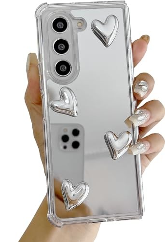 for Galaxy Z Fold 6 Case Cute Love Heart Soft Silicone Makeup Mirror Shockproof