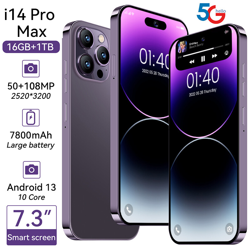 i14 Pro Max Smartphone 16GB+1TB 7.3&Prime; Android 13 Unlocked Smartphone New Sealed