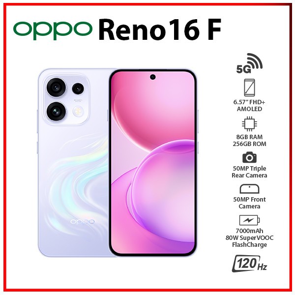 (New)OPPO Reno16 F 5G 8GB+256GB PURPLE Dual SIM Unlocked Android Cell Phone
