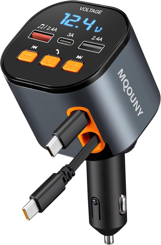 Retractable Car Charger 5 in 1 Fast Phone Charger 90W Bluetooth 5.3 FM Transmitt