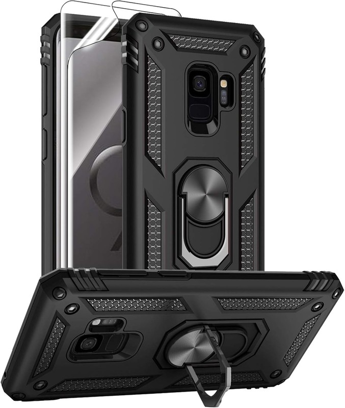 Shockproof Cover Case for Samsung Galaxy S9, Black, with HD Screen Protectors &