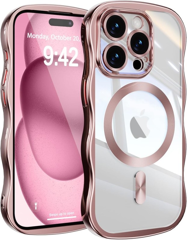 Cute Pink Magnetic Case for iPhone 15 Pro, Transparent Clear Wavy Design Cover