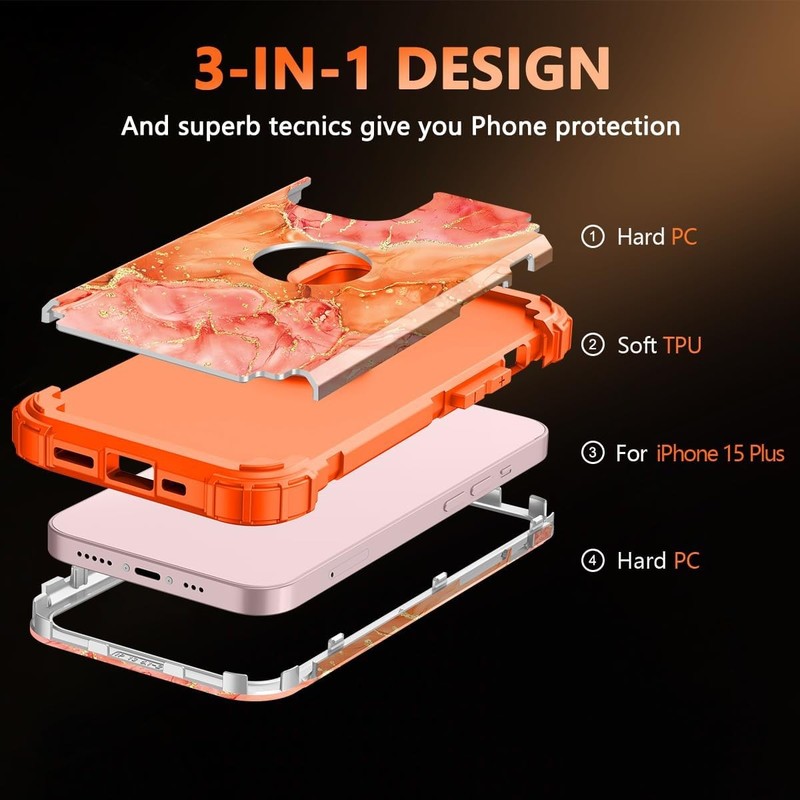 For iPhone 15 Plus Case, Three Layer Heavy Duty Shockproof Protection Orange gallery