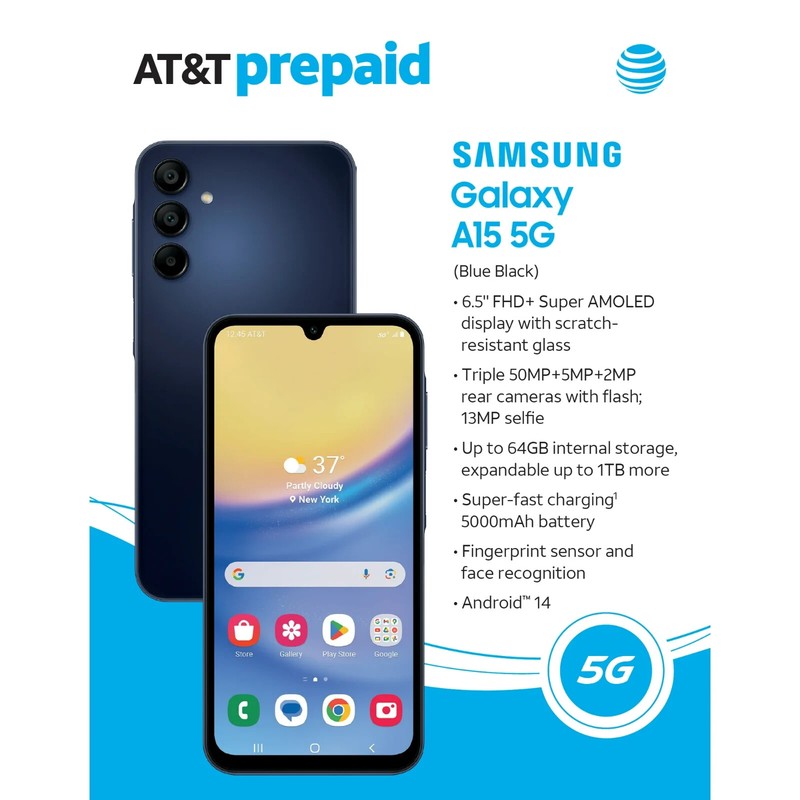 Samsung Galaxy A15 5G, 64GB, Blue Black – At&t Prepaid Smartphone – Brand New