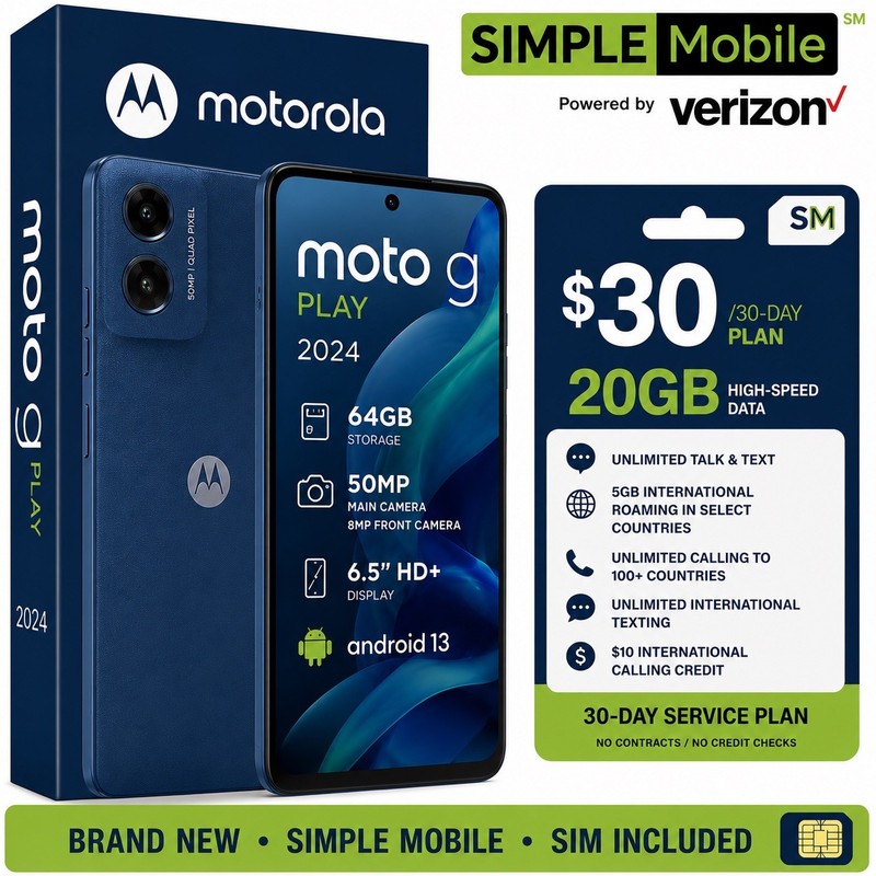 Motorola Moto G Play 2024 64GB Blue Simple Mobile + $30 Plan SIM Included