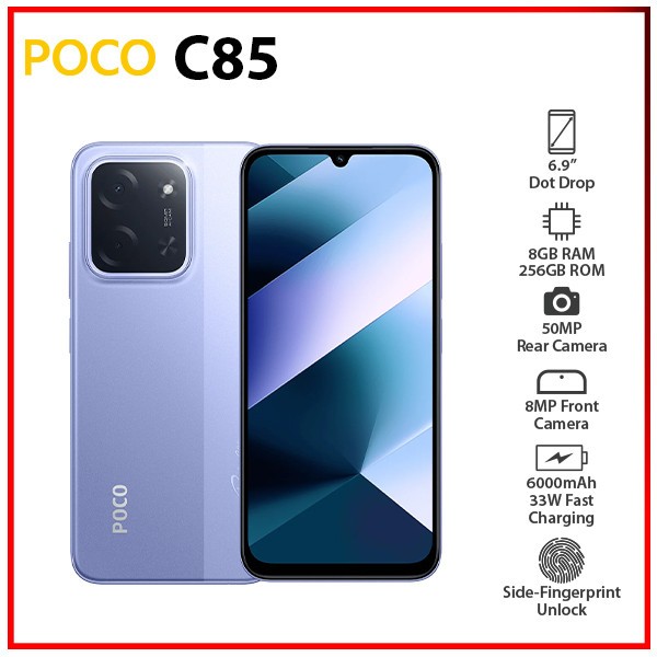 (New) Xiaomi POCO C85 8GB+256GB PURPLE Dual SIM Unlocked Android Cell Phone
