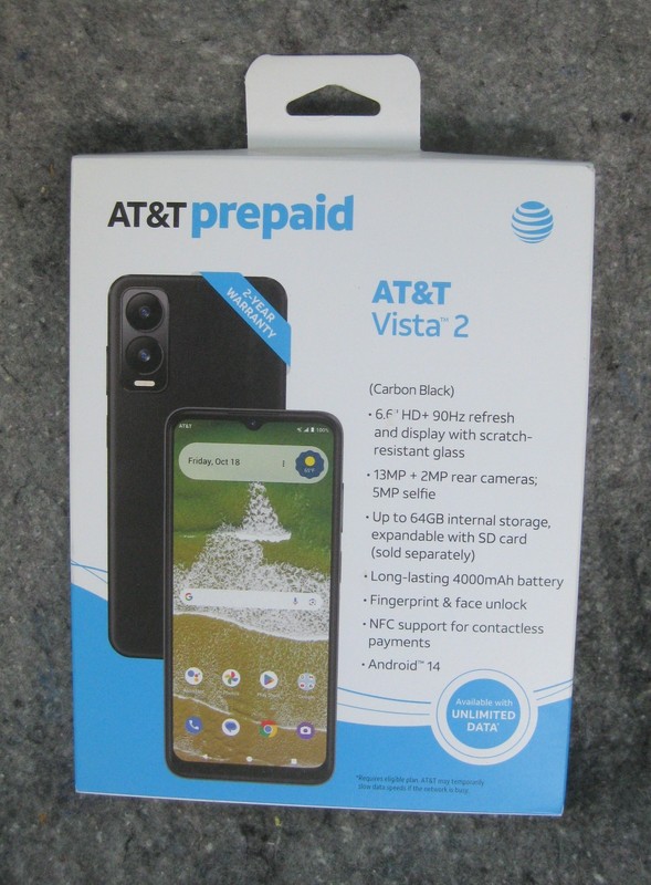 AT&T Prepaid Smartphone Vista 2 Carbon Black 64GB 13MP 6.6&Prime; HD+ Display – NEW