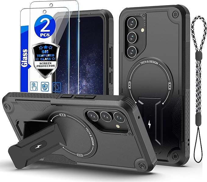 Samsung Galaxy A35 5G Case with Built-in Stand, 2 Pack 9H Tempered Glass Protect