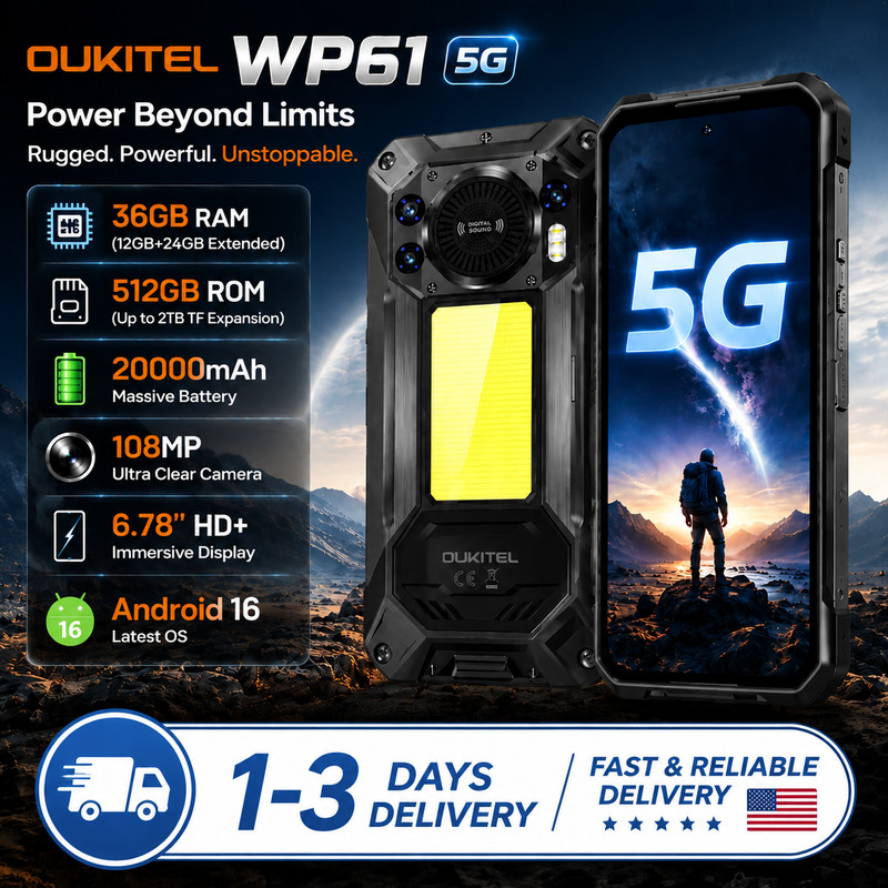 OUKITEL WP61 5G Rugged Phone 36GB+512GB 20000mAh Android16 NFC 108MP T-Mobile