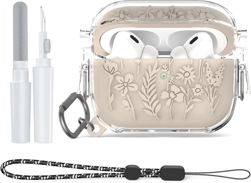 Floral Engraved Cover for Airpods Pro 2nd/1st Gen Case with Lock and Keychain