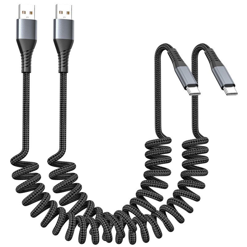 2-Pack Coiled USB C Cable for iPhone 17/16/15, USB A to Type-C Charger 1-3FT