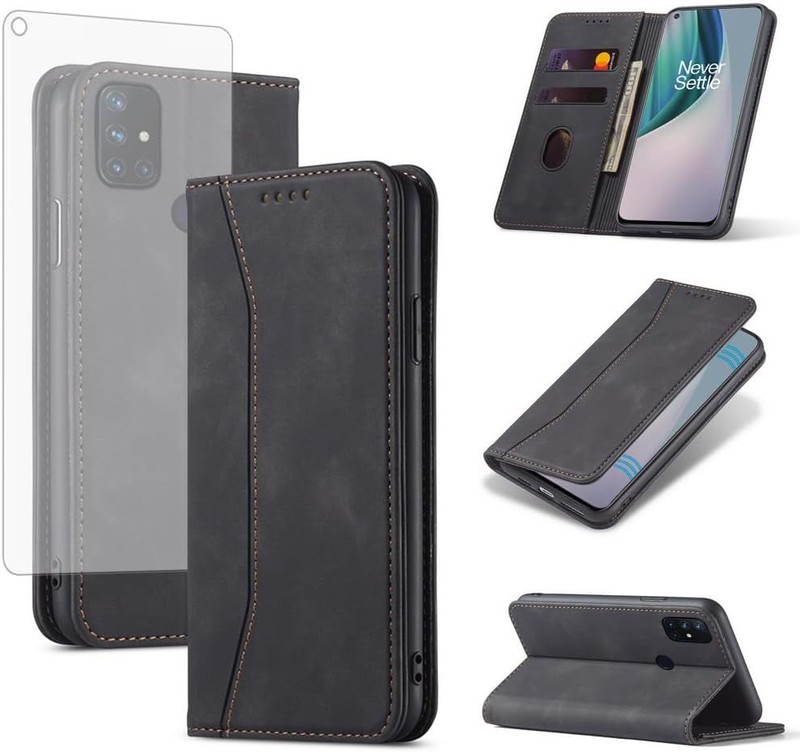 Flip Wallet Phone Case for OnePlus Nord N10 5G with Screen Protector Black