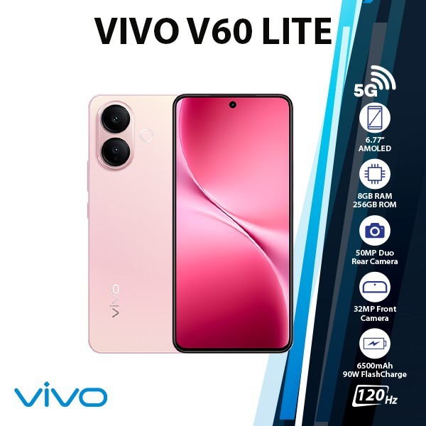(New) VIVO V60 Lite 5G Android Cell Phone (8GB+256GB/PINK/Dual SIM/Unlocked)