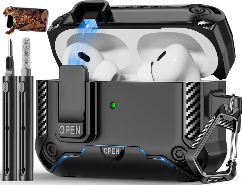 Black Case for AirPods Pro 1st/2nd with Phone Stand, Snap Switch Lock, Cleaner K