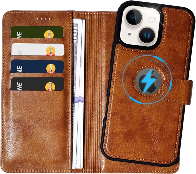 Detachable Wallet Case in Brown PU Leather for iPhone 14 Plus/15 Plus, 2 in 1