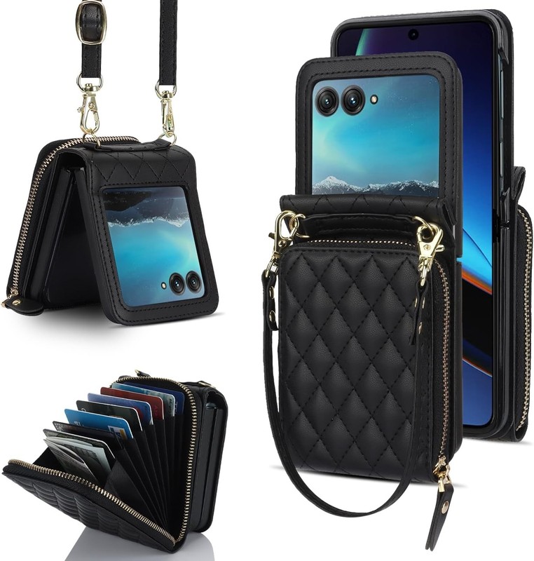 Black Leather Wallet Case with Card Holder for Motorola Razr 2026/2025, Wristlet