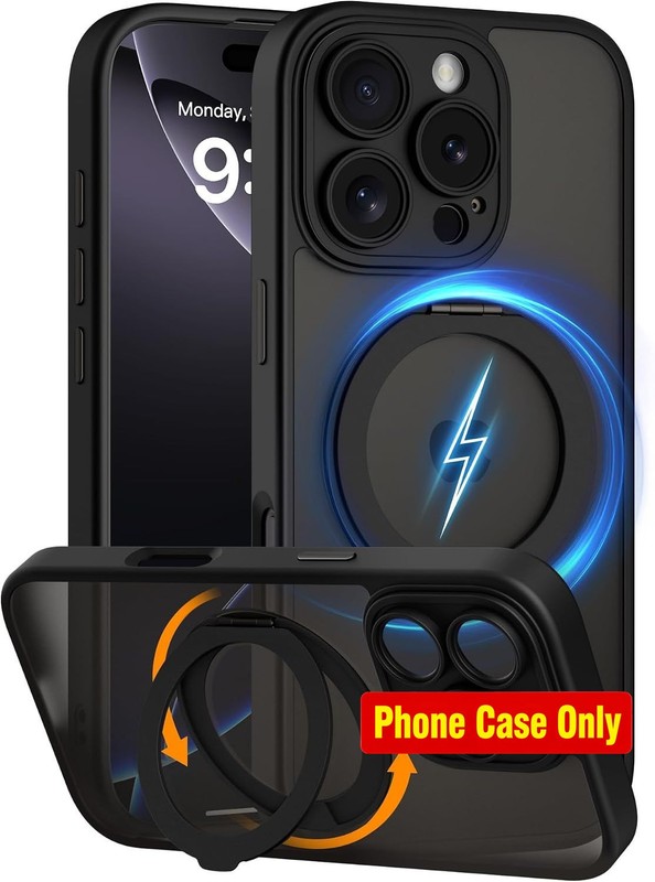 Translucent Matte Black iPhone 16 Pro Case with 360° Ring Holder Stand, Compatib