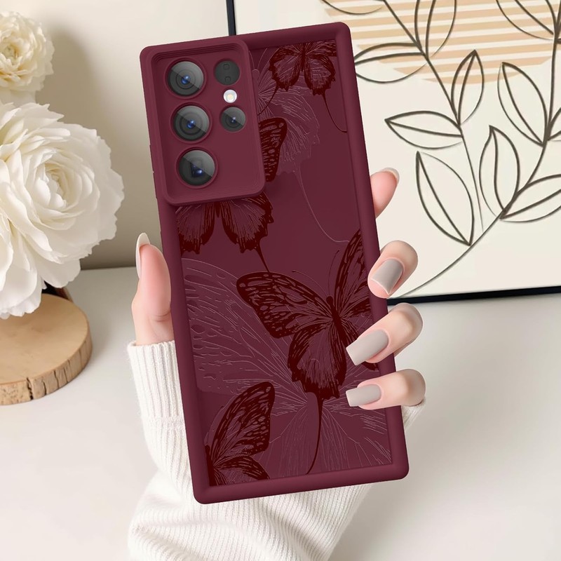Samsung Galaxy S23 Ultra Case, Soft Silicone Shockproof Burgundy Red Butterfly C gallery