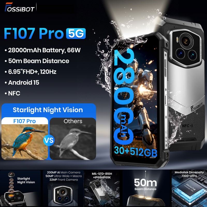 FOSSiBOT F107 PRO 5G Rugged Phone Android 15 Starlight Night Vision 28000mAh