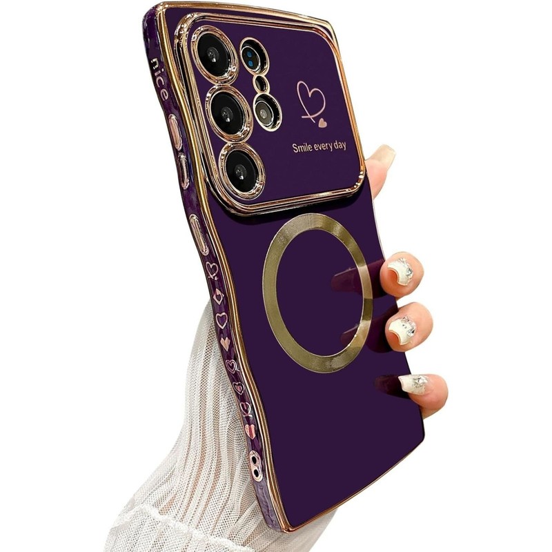 For Samsung Galaxy S25 Ultra Case w/ Curly Shape Love Heart Luxury Plating Cover