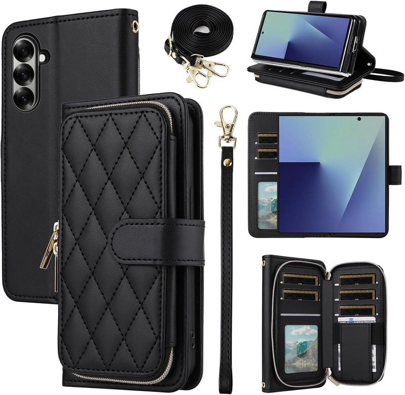 Black Luxury PU Leather Argyle Wallet Case for Samsung Galaxy Z Fold 7 5G 2025