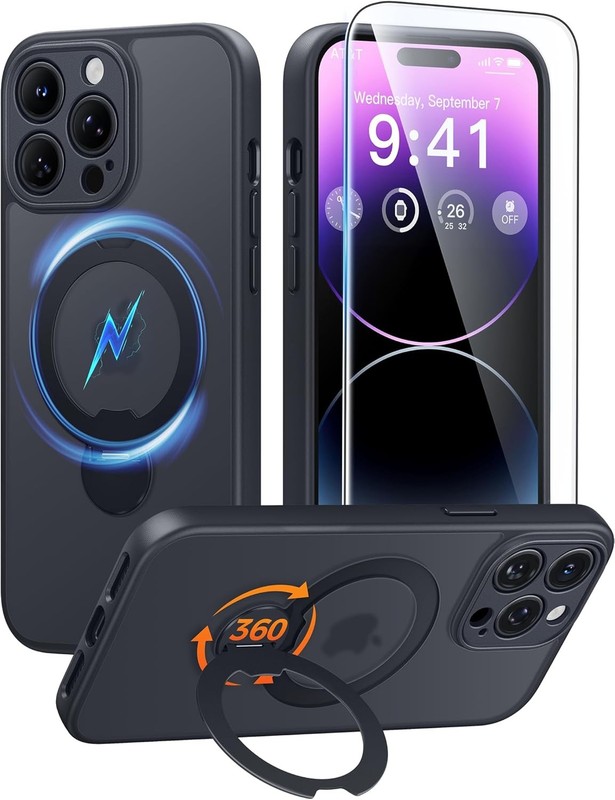 iPhone 14 Pro-Max Case: [360 Spin Magnetic Stand] [Screen Protector] Black