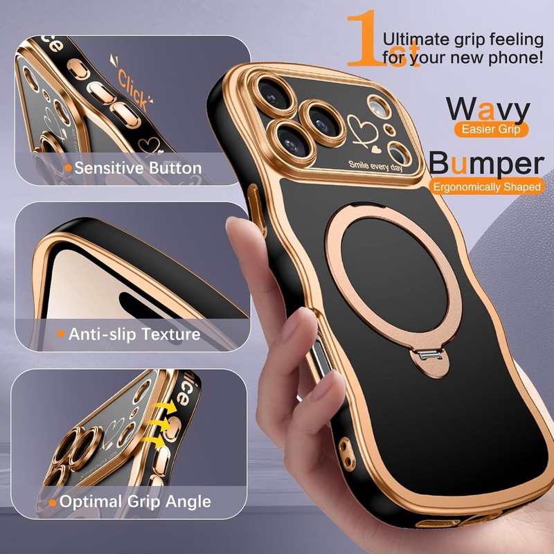 Magnetic for iPhone 17 Pro Max Case with 360° Rotatable Kickstand Ring, Black/Go gallery