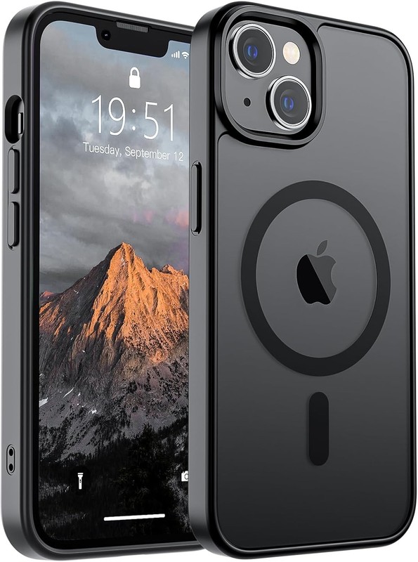 Shockproof Translucent Matte Black Case for iPhone 13/14, MagSafe Compatible