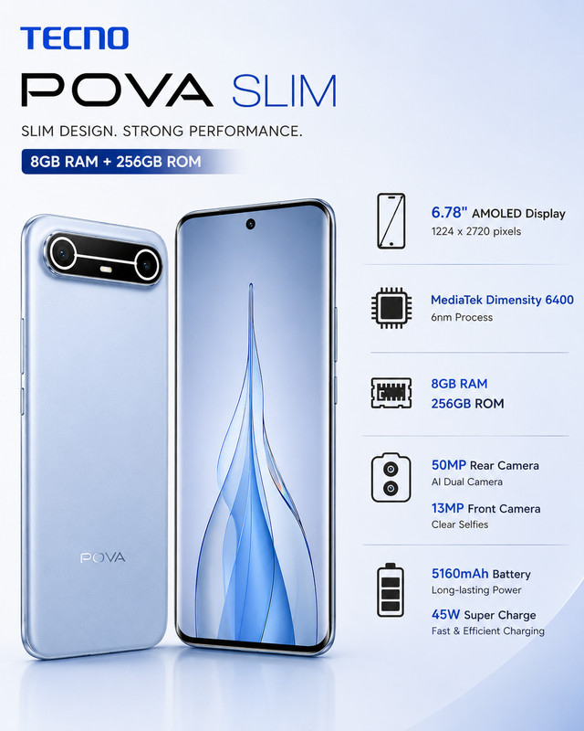TECNO Pova Slim 5G (KM9) 8GB RAM 256GB Unlocked Android Smartphone Blue