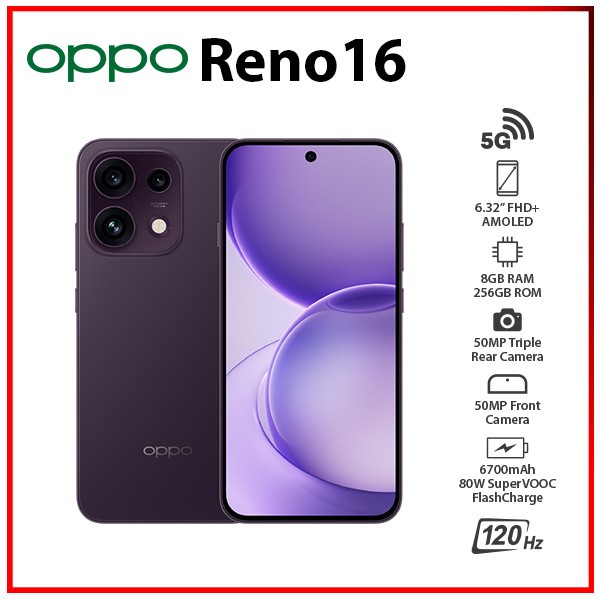 (New)OPPO Reno16 5G 8GB+256GB VIOLET Dual SIM Unlocked Android Cell Phone