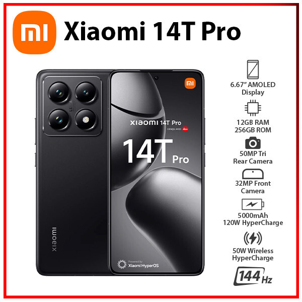 (New) Xiaomi 14T Pro 5G 12GB+256GB BLACK Dual SIM Unlocked Android Cell Phone