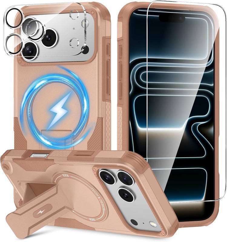3 in 1 for iPhone 17 Pro Max Case, Invisible Kickstand, HD Screen Protector, Cam