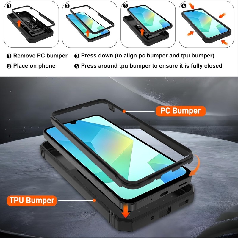 Samsung Galaxy A06 Phone Case with 2PCS Screen Protector and Kickstand, Black gallery