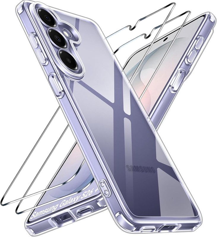 3-in-1 Clear Case for Samsung Galaxy S26 Plus 6.7” with 2 Tempered Glass Protect