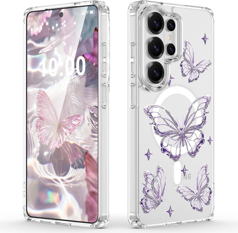 Samsung Galaxy S26 Ultra Case Magnetic Clear Purple Butterfly Shockproof Cover