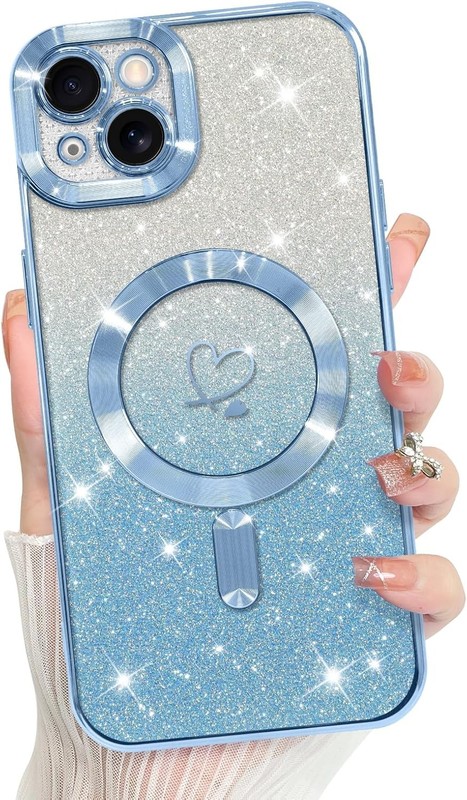 iPhone 14 Case Support for Plating Heart Glitter Magnetic Screen Protector TPU C