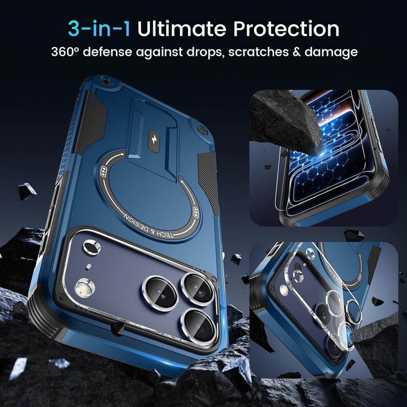 3 in 1 for iPhone 17 Pro Max Case, Invisible Kickstand, HD Screen Protector, Blu gallery