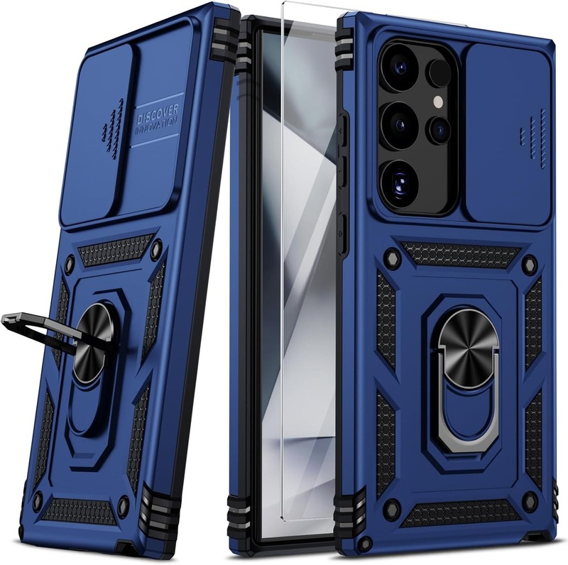 Navy Blue Case for Samsung Galaxy S24 Ultra, HD Screen Protector, Slide Lens Cov