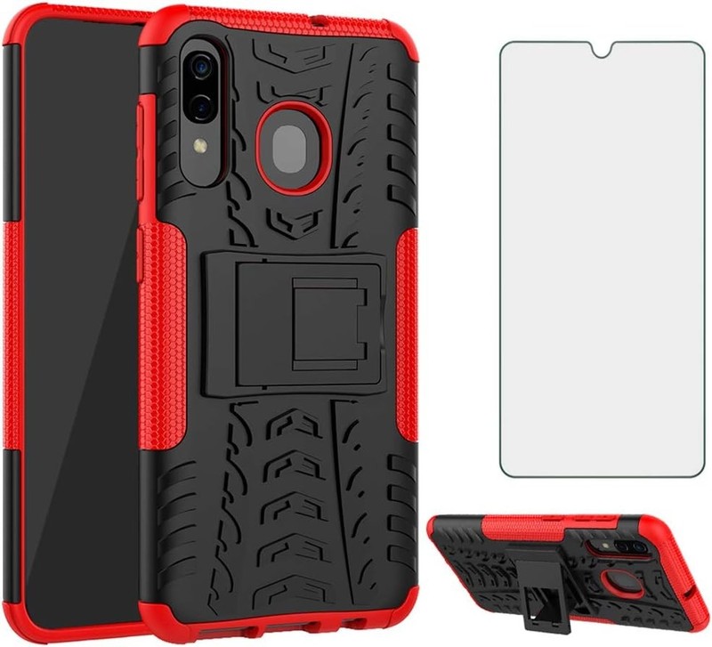Phone Case for Samsung Galaxy A20 A30 with Tempered Glass Screen Protector Red