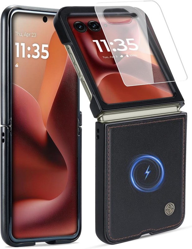 Genuine Leather Folio Magnetic Case for Motorola Razr 2026/2025 Ultra Black
