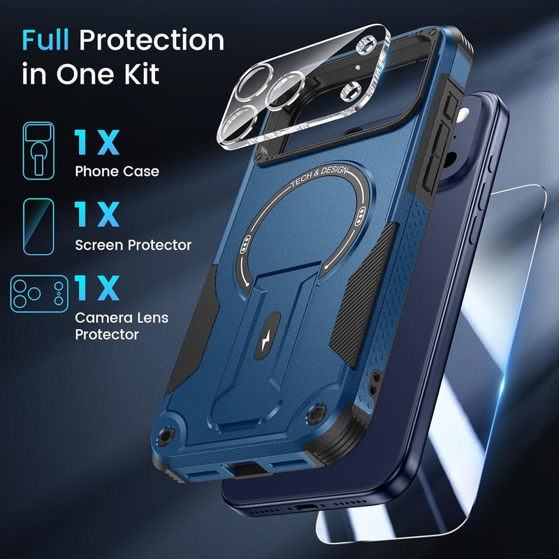 3 in 1 for iPhone 17 Pro Max Case, Invisible Kickstand, HD Screen Protector, Blu gallery