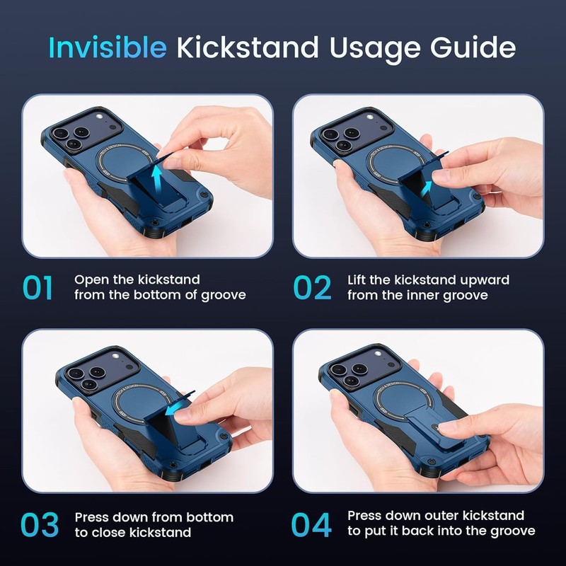 3 in 1 for iPhone 17 Pro Max Case, Invisible Kickstand, HD Screen Protector, Blu gallery