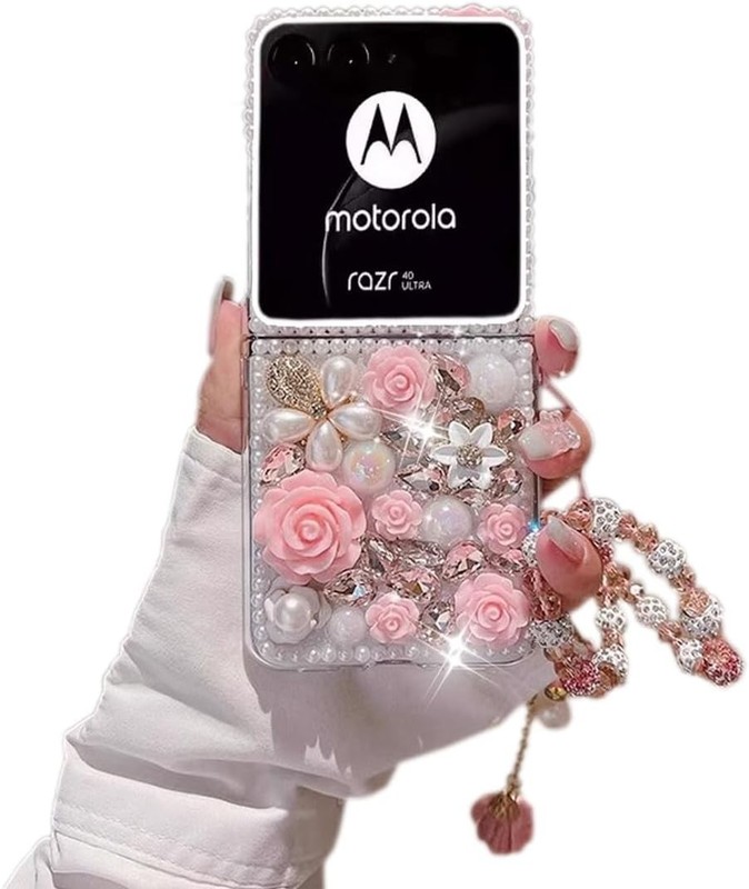 Pink Luxury Rhinestone Flowers Glitter Case for Moto Razr Plus 2023 with Flower